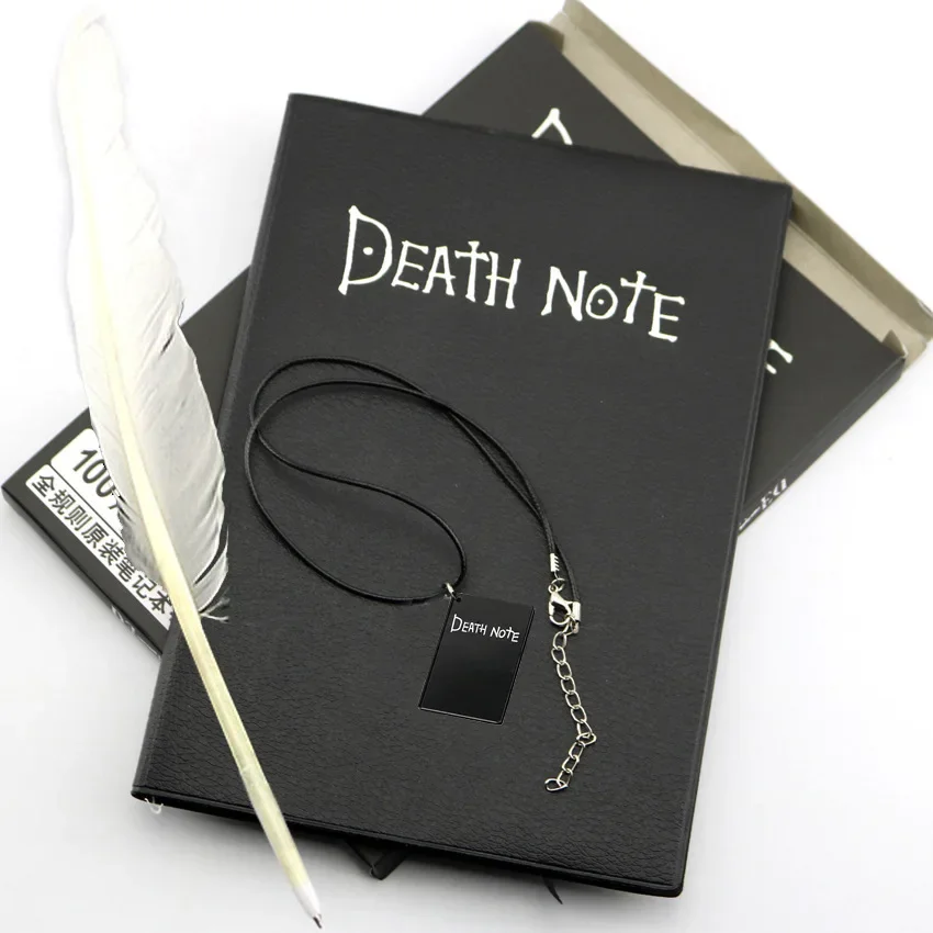 Anime Death Notebook Set Leather Journal and Necklace Feather Pen Death Cosplay Props Journal Note Pad for Gift