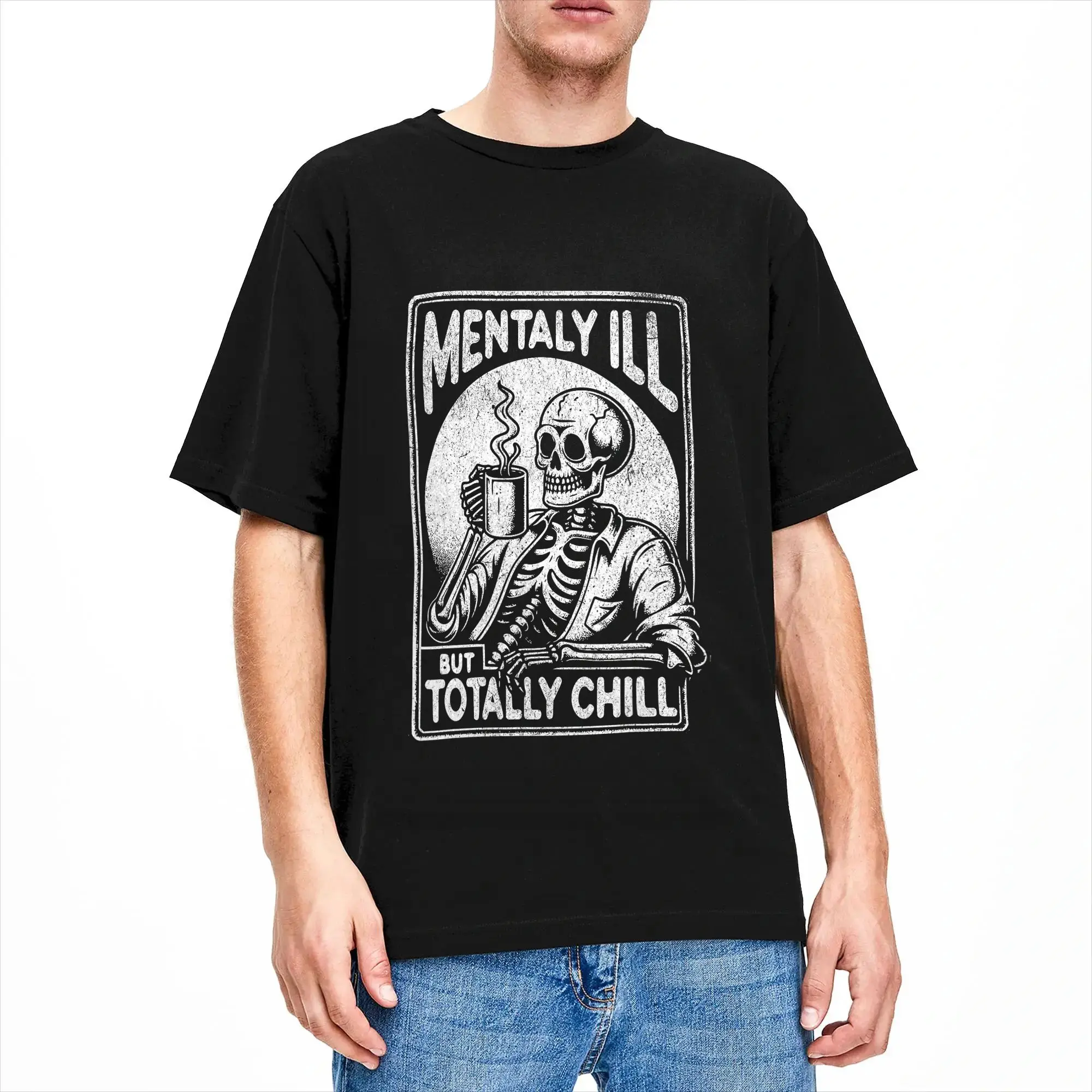 Mentally Ill But Totally Chill Halloween Costume Skeleton T-Shirt for Men  Novelty  Cotton Tees Crewneck Short Sleeve T Shirts