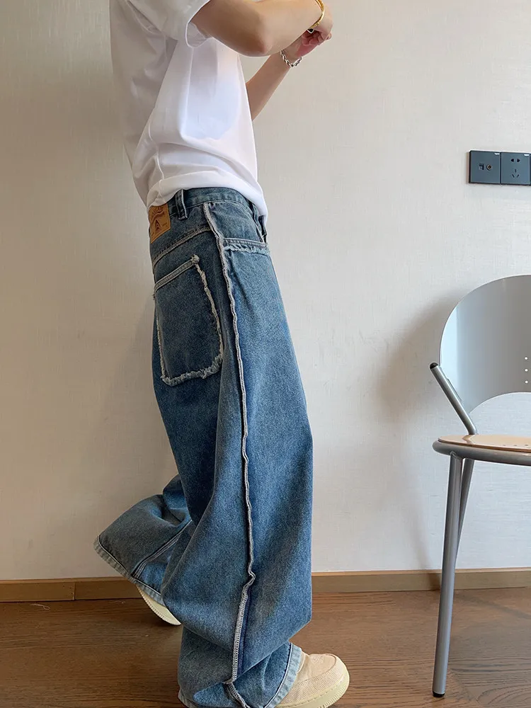 Summer Single Breasted Fringed Jeans American Fashion High Street Casual Loose Washed Blue Patchwork Design Men Denim Pants