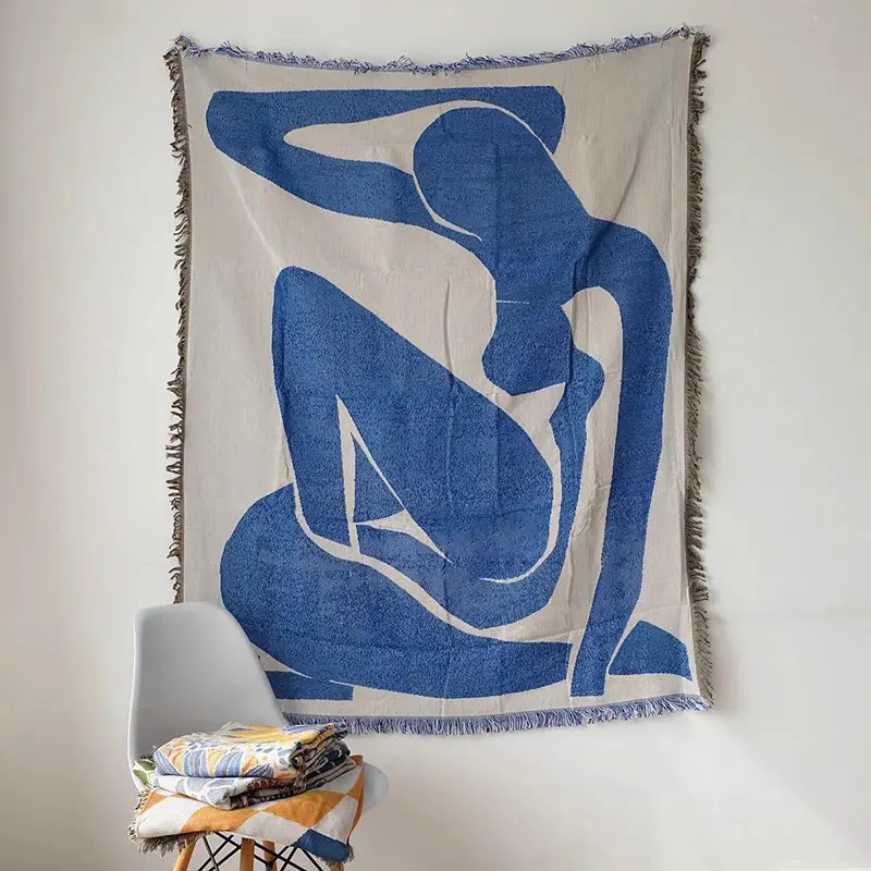 

Japan Abstract Throw Blanket for Sofa Bed Geometric Knitted Tassels Tapestry Blue Camping Blankets Outdoor Picnic Mat deken