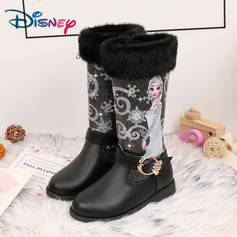 Disney Princess Elsa High Knee-length Boots Girls High-heeled Autumn Winter Warm Children Sequins Snow Shoes Frozen Boots