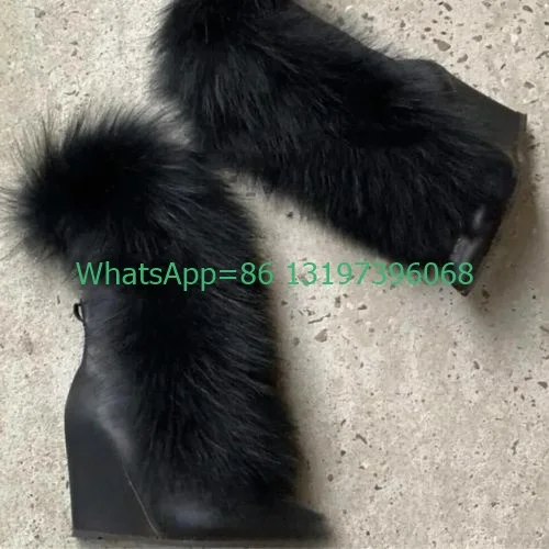 

Lady vintage fur wedges heel calf boots sexy black feather fur punk boots pointed toe suede daily dress boots size 35-46 footwea