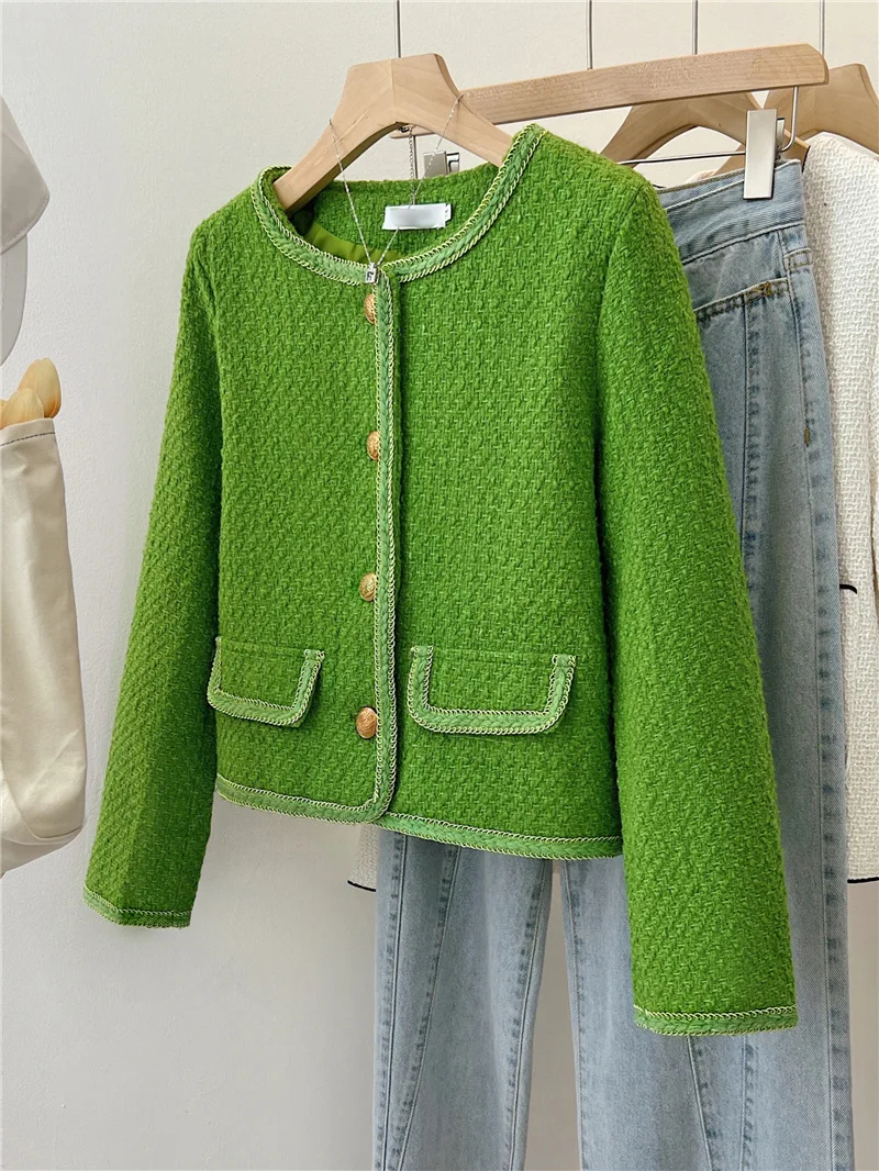 Korean Fashion Small Fragrance Tweed Jacket Women Elegant Green Round Neck Short Coat Autumn Single Breasted Office Lady Outwear