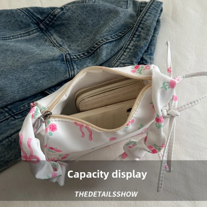 حقائب نسائية 2025 الصيف قماش مطوي حقائب اليد الإبط حقيبة الكورية الأزهار القوس سحاب مطبوع حمل حقيبة الإناث حقيبة كتف صغيرة #5