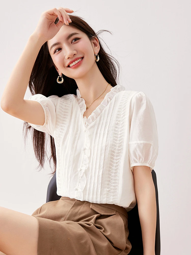 Summer New Women Elegant Simple Shirts Solid Color Tender Loose Design Streetwear V-neck Puff Sleeve Chic Top