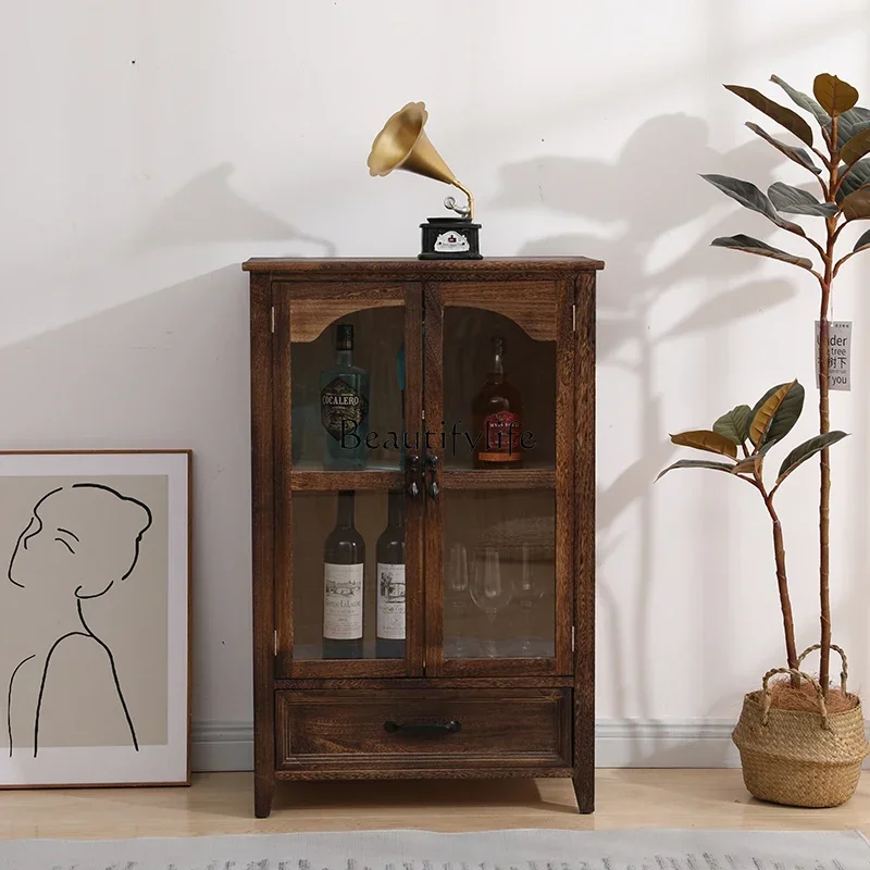 

1American-style Solid Wood Wine Cabinet Multi-functional Living Room Wall-mounted Vintage Storage Cabinet