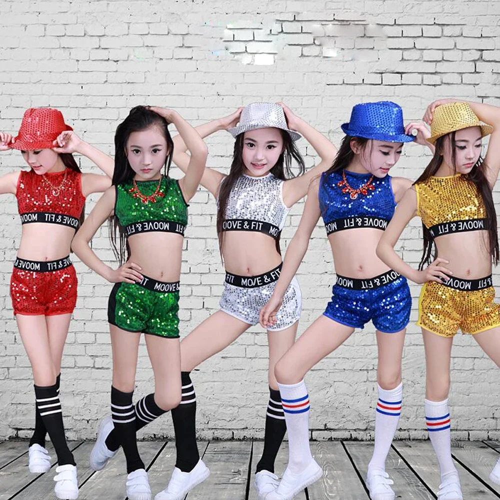 Show Kleidung moderne Kind Hip Hop Bühne tragen Outfits 3 Stück Kinder Jazz Tanz Kostüme Mädchen Street Dance Pailletten Party