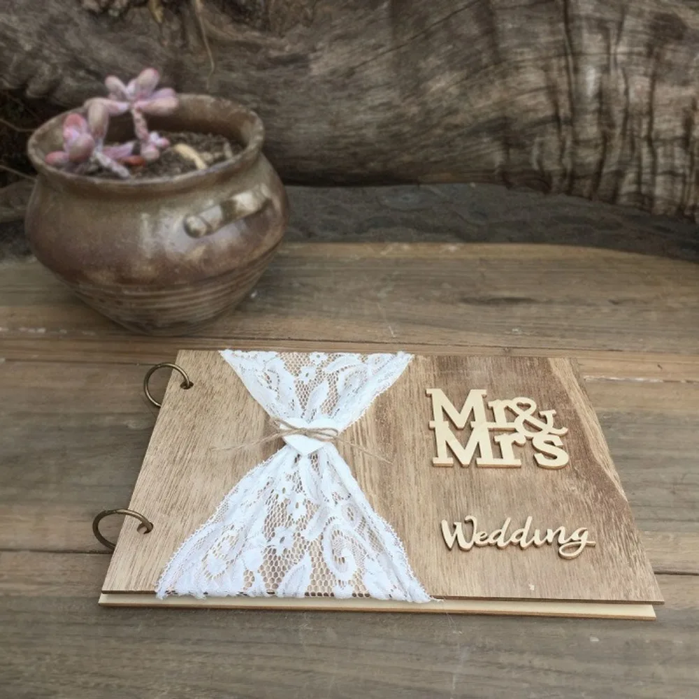 1PC Wooden Guest Book Wedding Decorations Rustic Message Book Engraved Wreath Logo Name Date for Bridal and Decoración De Bodas