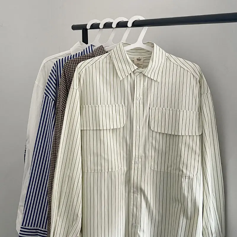 EBAIHUI camisa de manga larga a rayas para hombre, blusa masculina versátil y sencilla de estilo japonés, Top informal suelto de primavera y otoño