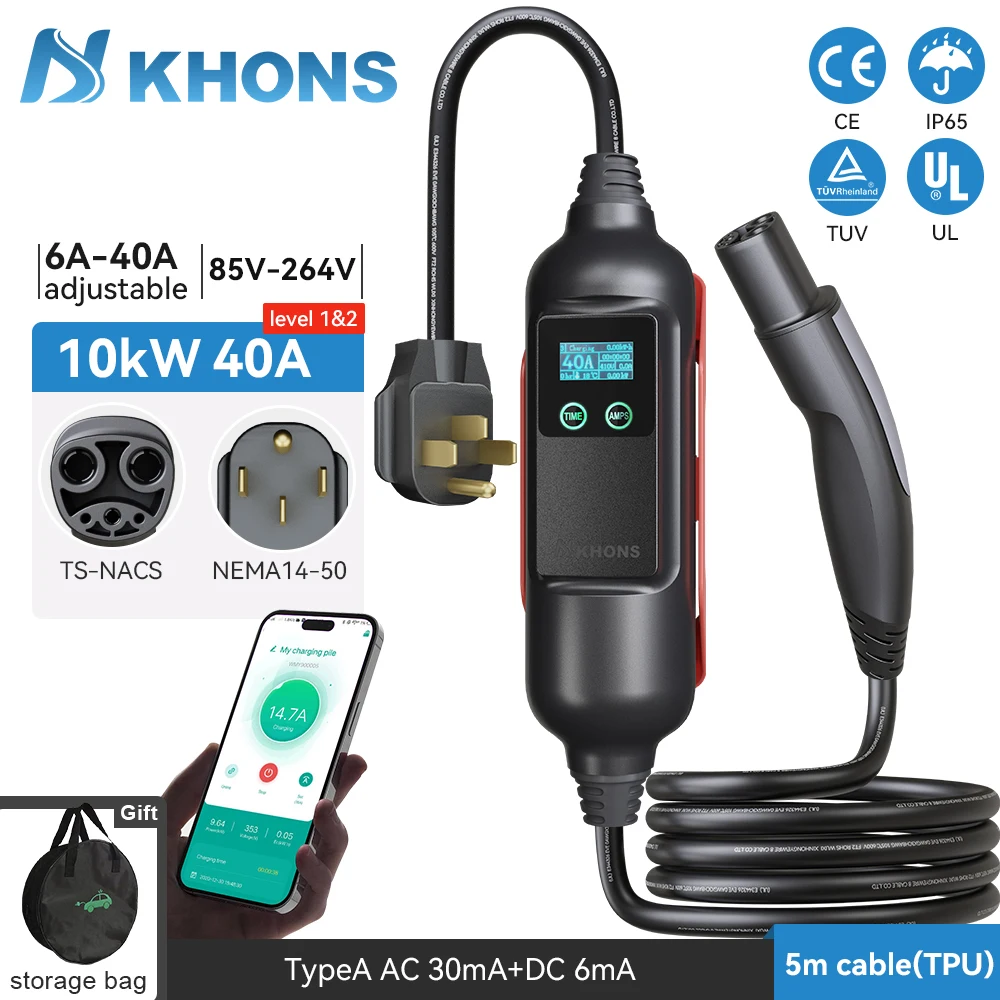 Khons Level2 Tesla Portable Charger 10kW 40A Connector NEMA 14-50 Plug 16FT TPU Cable WIFI/APP Suitable For All Tesla Y/X/3/S