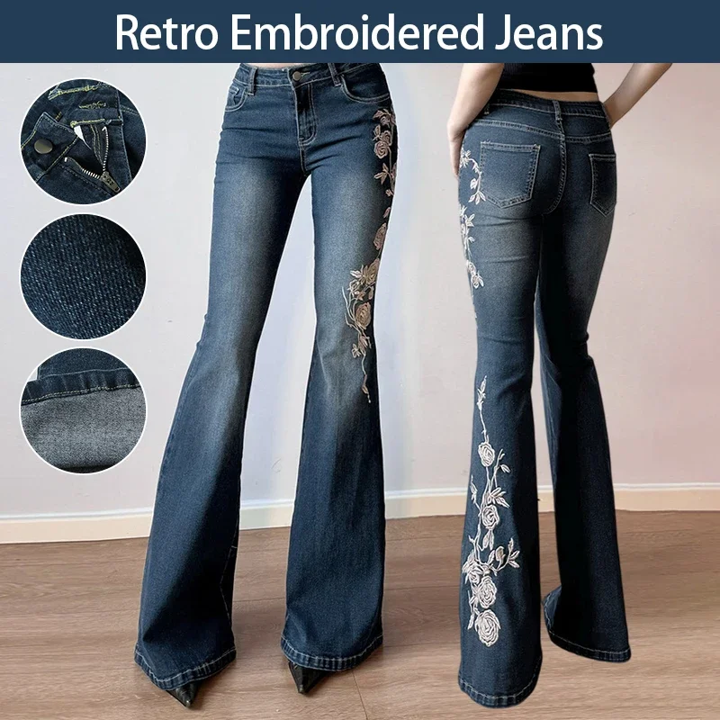

New Flare Pants Jeans Denim Women Trousers Retro Embroidery Boot Cut Low Waist Washed Distressed Pockets Floor Length Streetwear