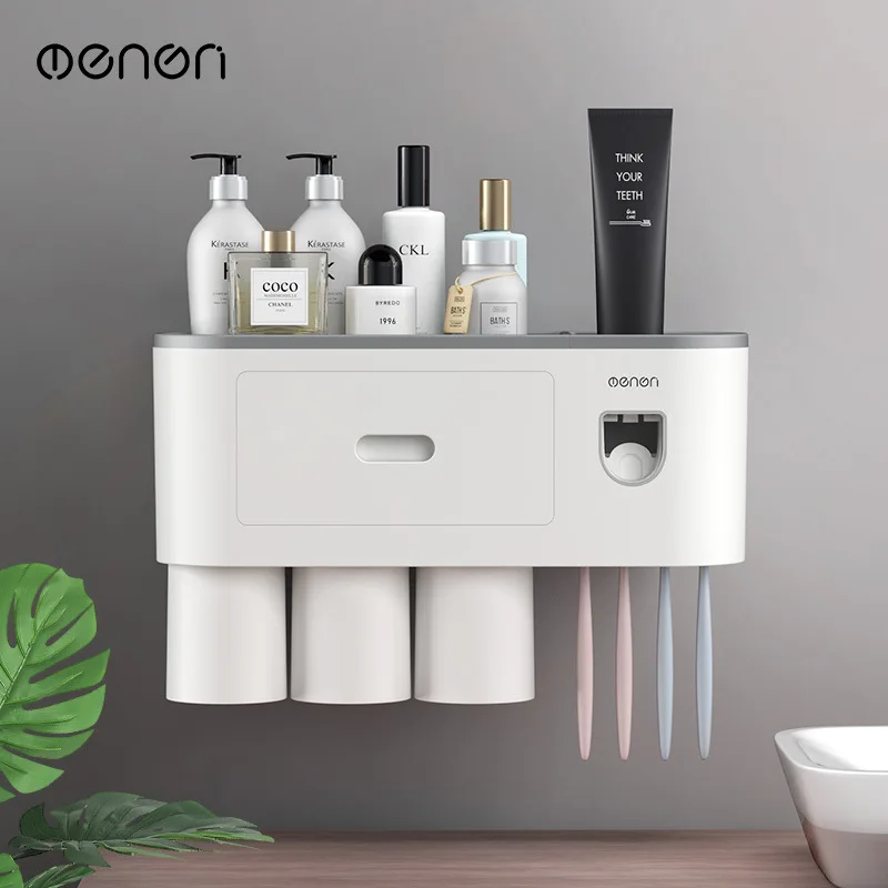 Creative toothbrush rack punching-free mouthwash toothbrush cup set bathroom storage toothbrush rack with toothpaste squeezer