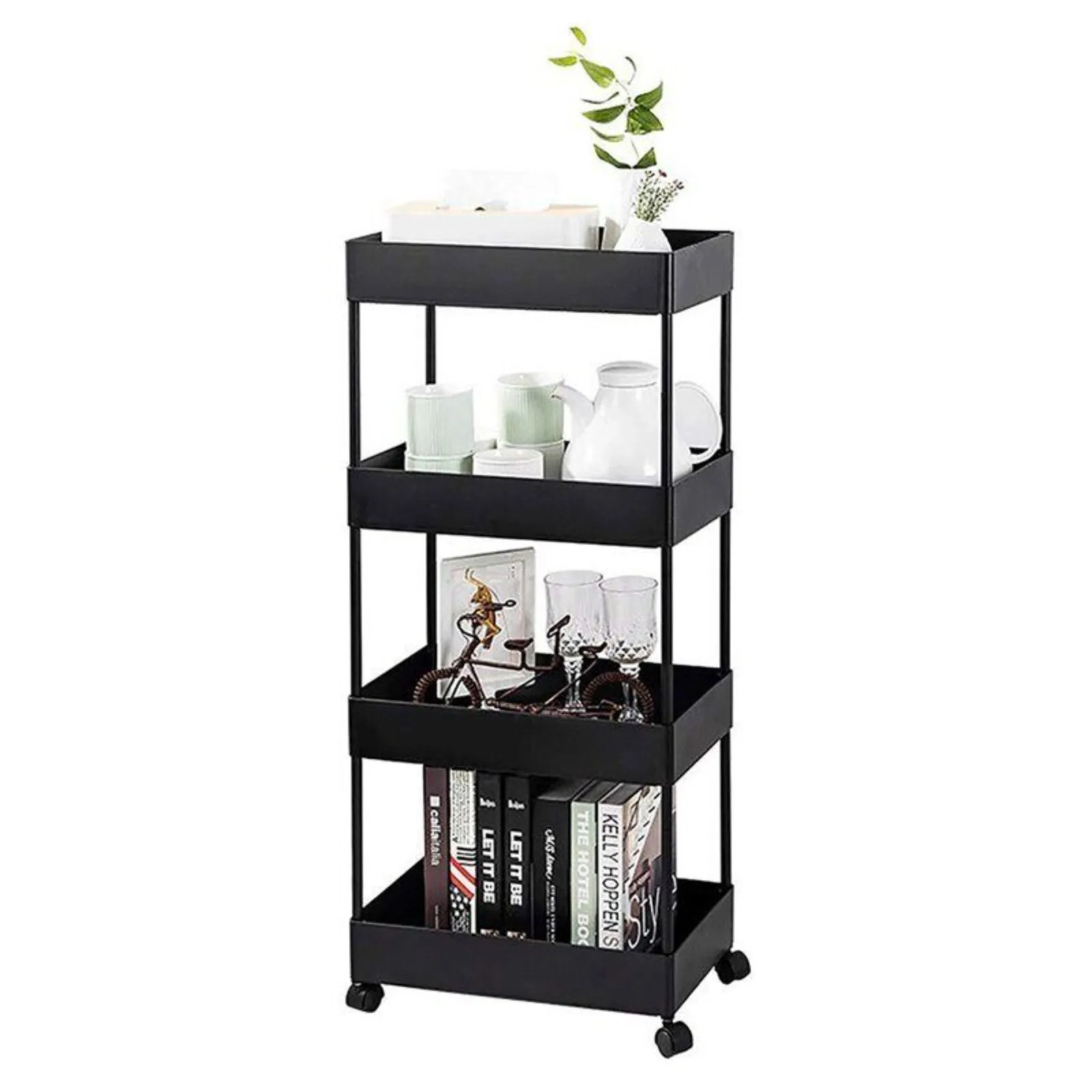 

US 4-Tier Plastic Storage Rolling Cart with Slim Shelves in Black