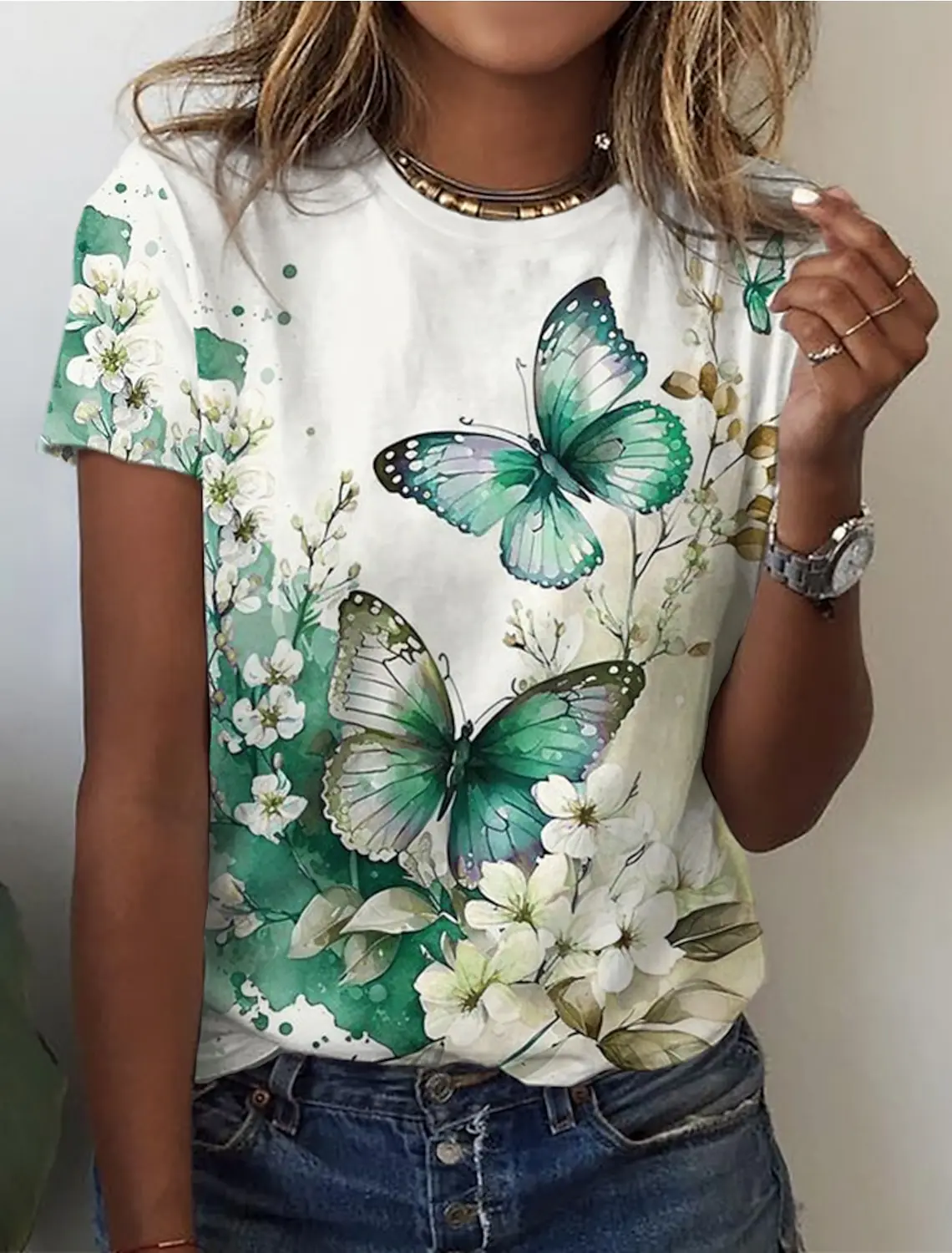 Women's T shirt Tee Butterfly Holiday Weekend Blue Purple Green 3D Printed Short Sleeve Basic Round Neck Regular Fit Clothing