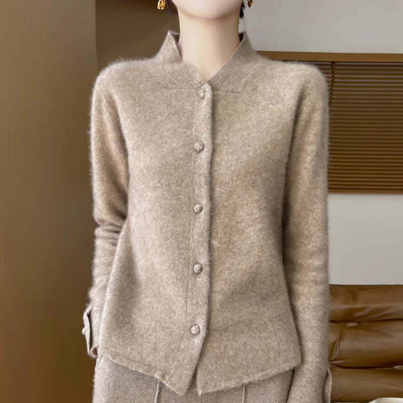 New Chinese stand collar new 100% Merino wool cardigan Autumn and winter vintage solid color sweater coat loose knit top