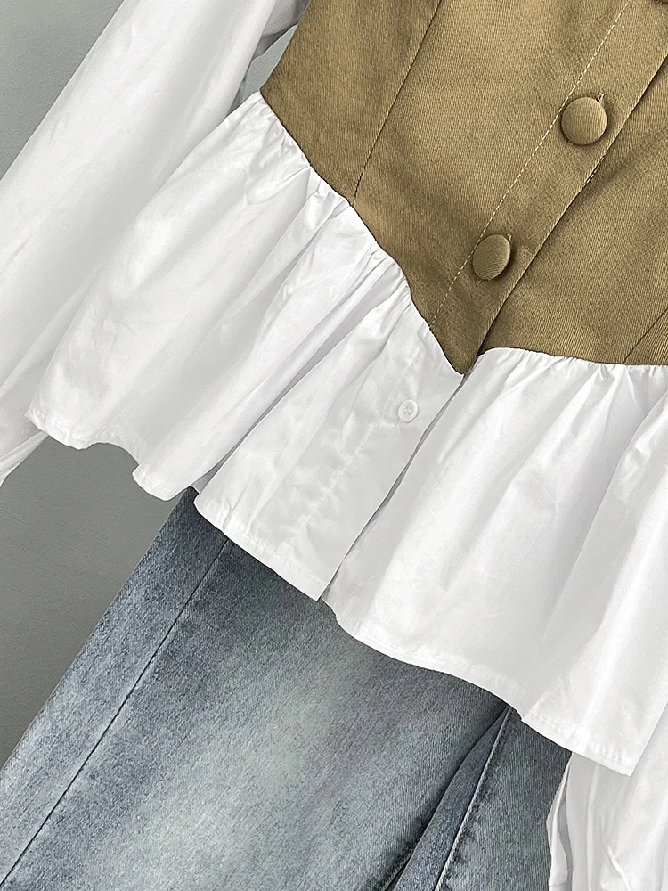 Fashionable Patchwork Shirt For Women 2024 New Fake Two-Piece Long Sleeved Tops Spring Autumn Commuting Simple Female Blouse