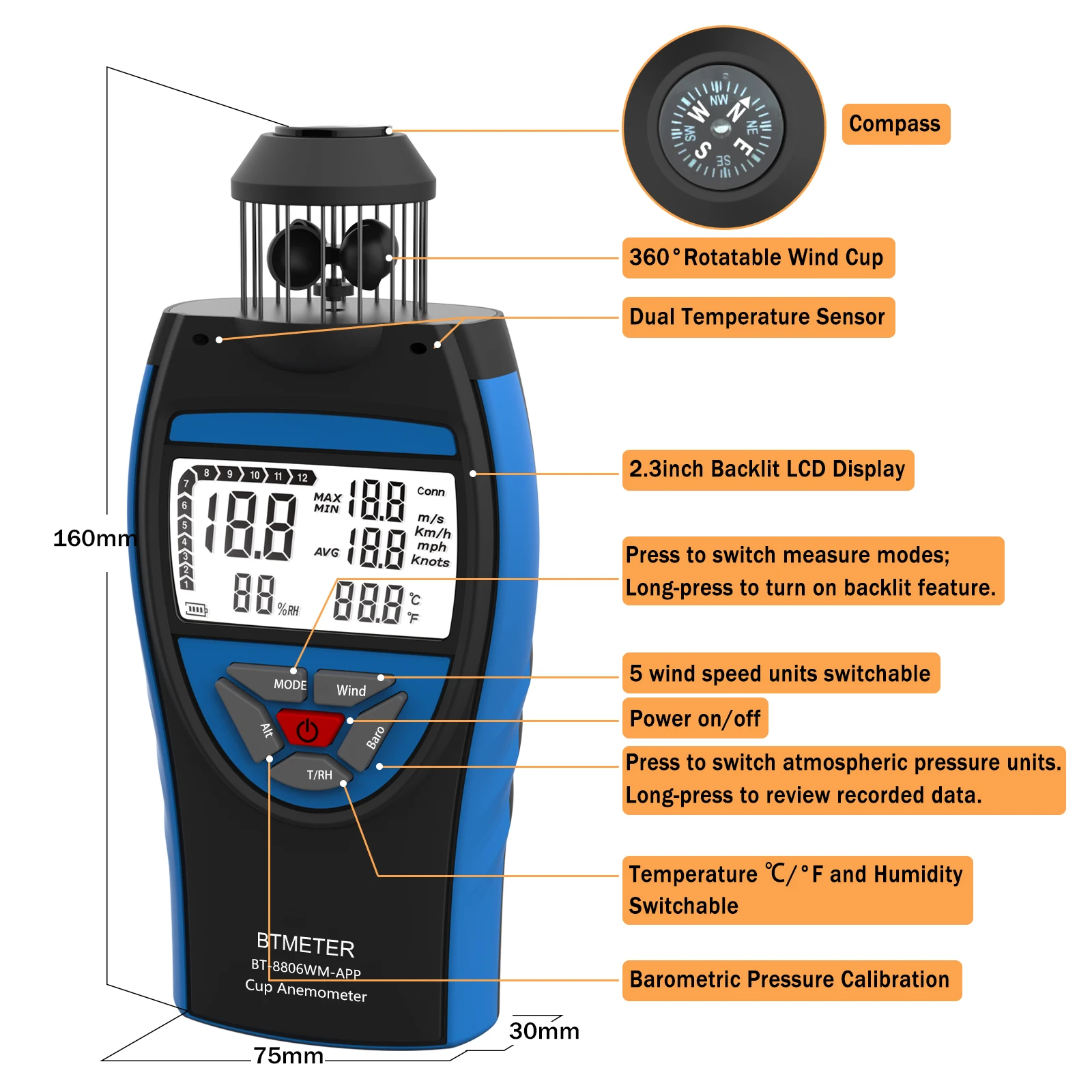 BT-8806 Bluetooth Wind Cup Anemometer 0.3~42m/s, HVAC CFM Air Volume, Altitude Barometric Pressure Temp, Professional Anemometro