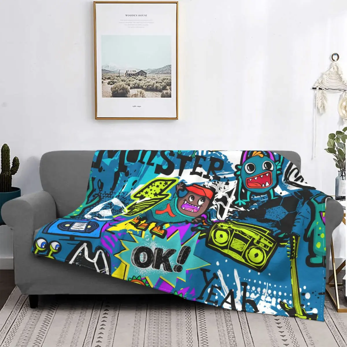 Graffiti Art Pattern Blanket Flannel Grunge Elements Spray Paint Ink Electro Guitar Soccer Ball Throw Blankets For Car Bedspread