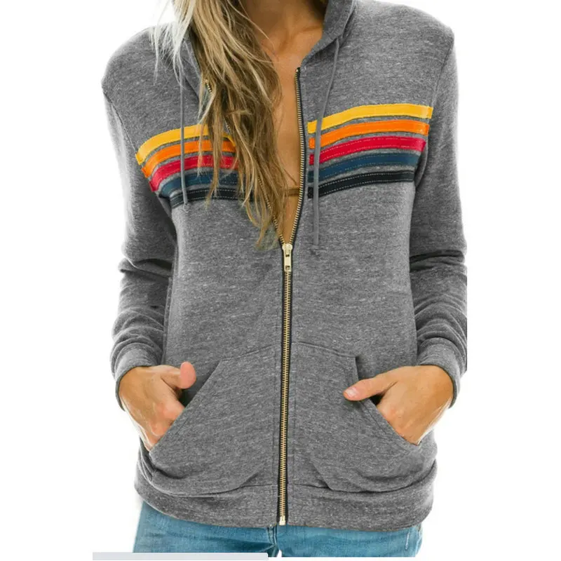 2024 Women\'s New Hooded Sweatshirts Casual Zipper 5 Stripe Rainbow Long Sleeve Jacket Coat