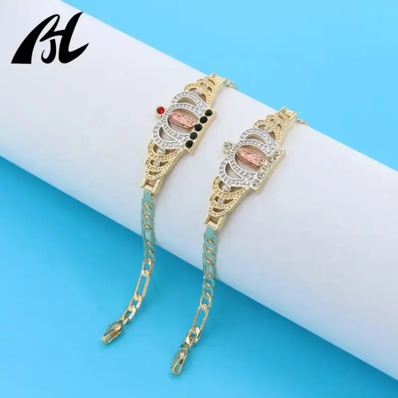 

Gold Plated 18K Heart Crown Holy Christian Bracelet Religious Jewelry Cubic Zirconia Virgin Mary Bracelets Men