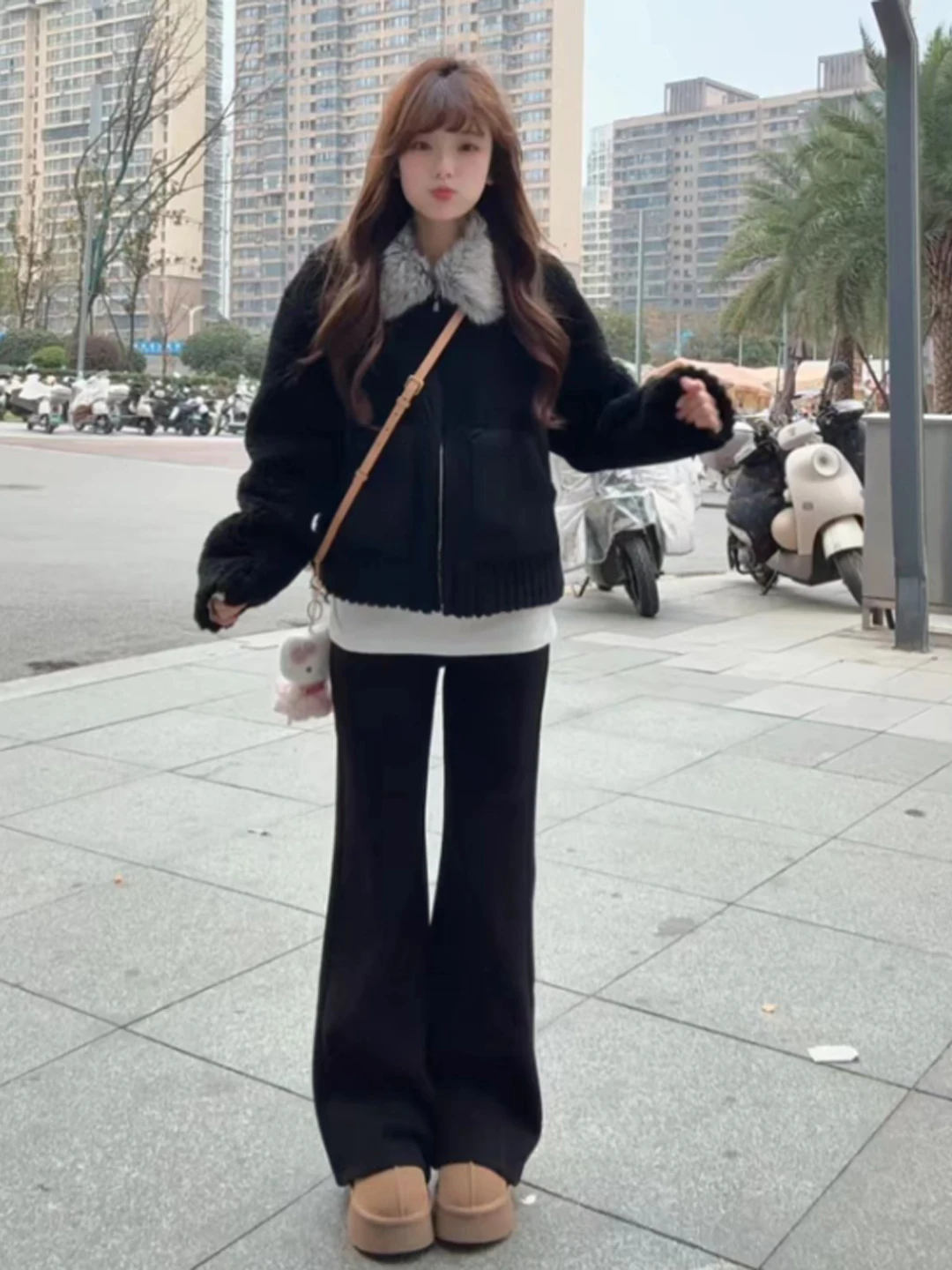 

Korean Sle ort Coat Unique Flip Collar ort Jaet ular Women's Top for Winter Travel Casual Straight Hem Zipper