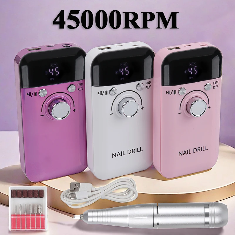 

45000RPM Electric Nail Drill Machine Rechargeable Nail File for Acrylic Gel Removing Polishing Gel Home Salon Manicure Pedicure