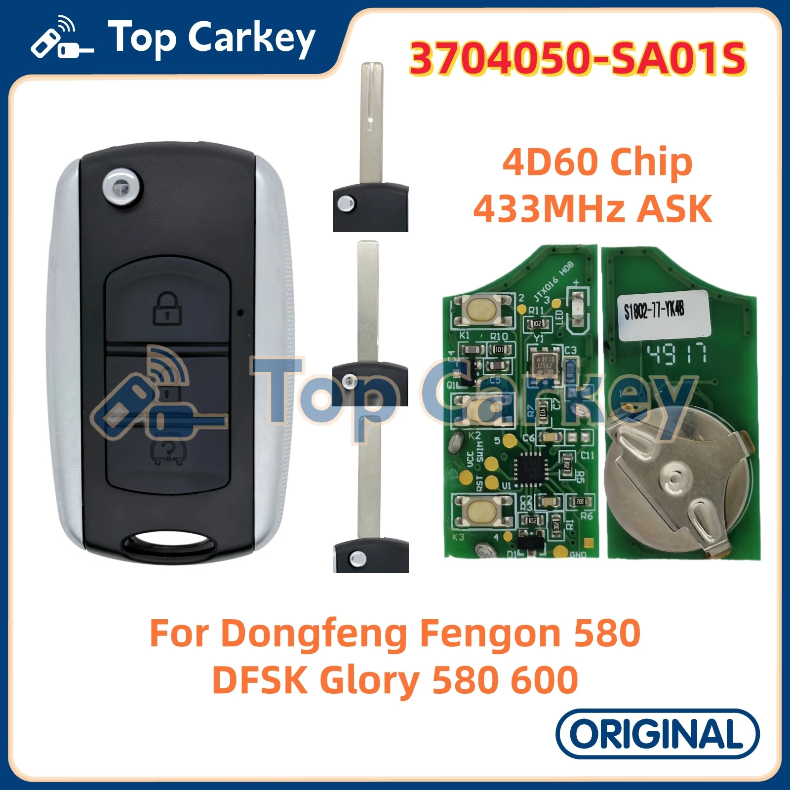 

TopCarkey 3704050-SA01S Original Flip Remote Key 4D60 Chip 433MHz for Dongfeng Fengon 580 DFSK Glory 580 600 OEM Key Shell