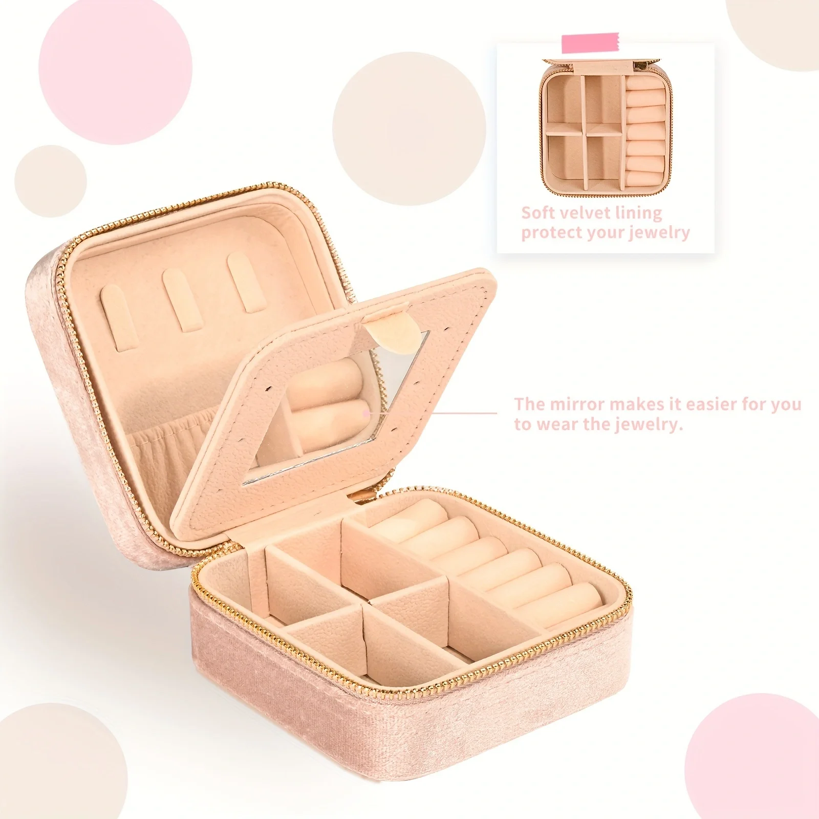 Caixa de armazenamento de jóias de viagem de veludo com espelho, caixa de jóias de viagem pequena caixa de jóias feminina, caixa de armazenamento de brincos com espelho