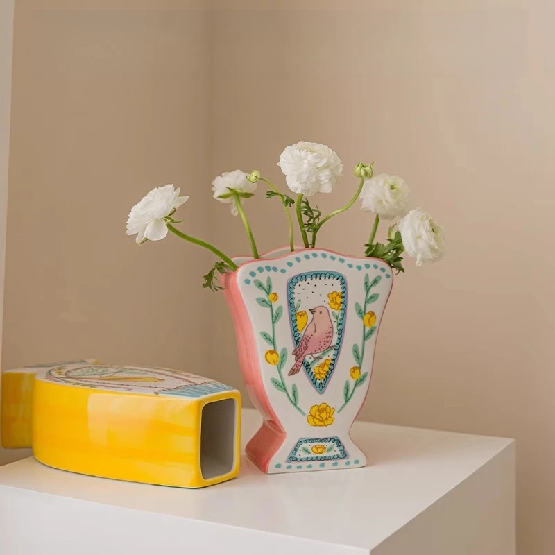 Nightingale and Rose Double-sided hand-painted ceramic vase ornament Living room flower arrangement Jingdezhen French