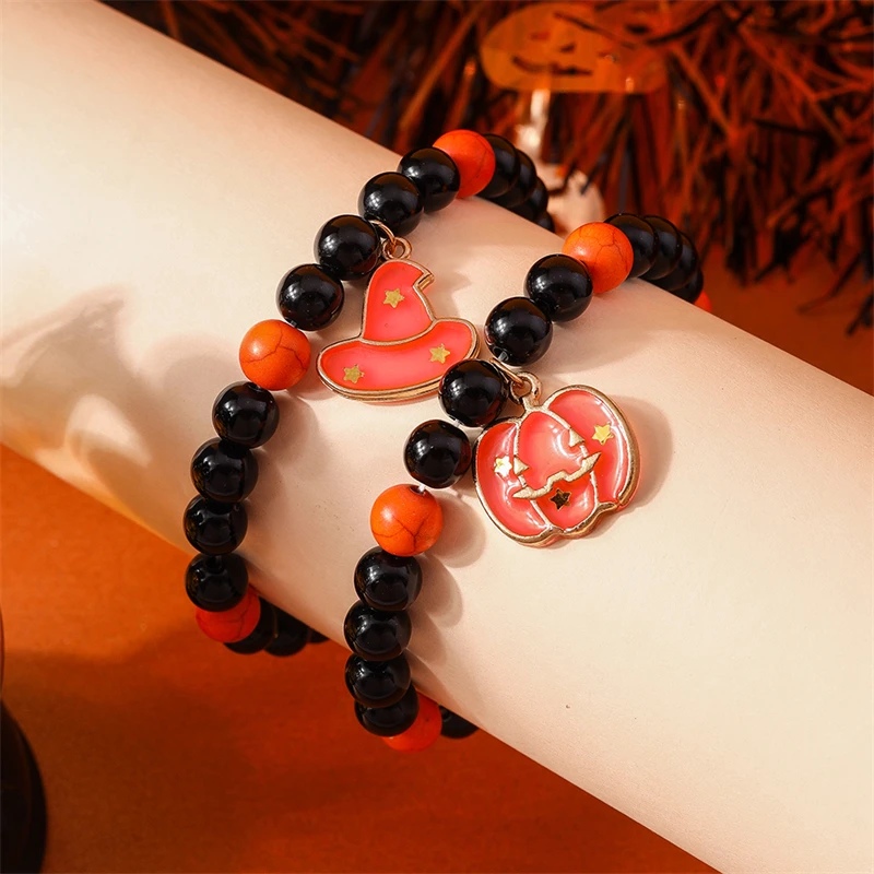 2 Teile/satz Mode Handgemachte Perlen Armbänder für Frauen Metall Kürbis Charms Armbänder Mädchen Halloween Festival Schmuck Geschenke – Detail 4