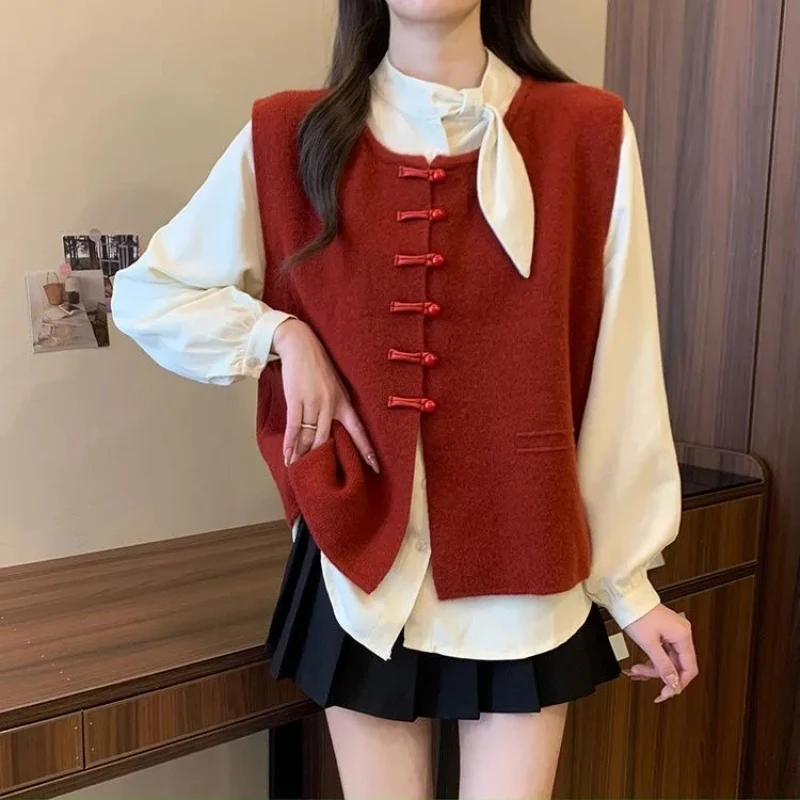 Spring Autumn Chinese Style Red Sweater Vest Long Sleeve Shirts 1 or 2 Piece Set 2024 Women Graceful Knit Tops Blouse Outfits