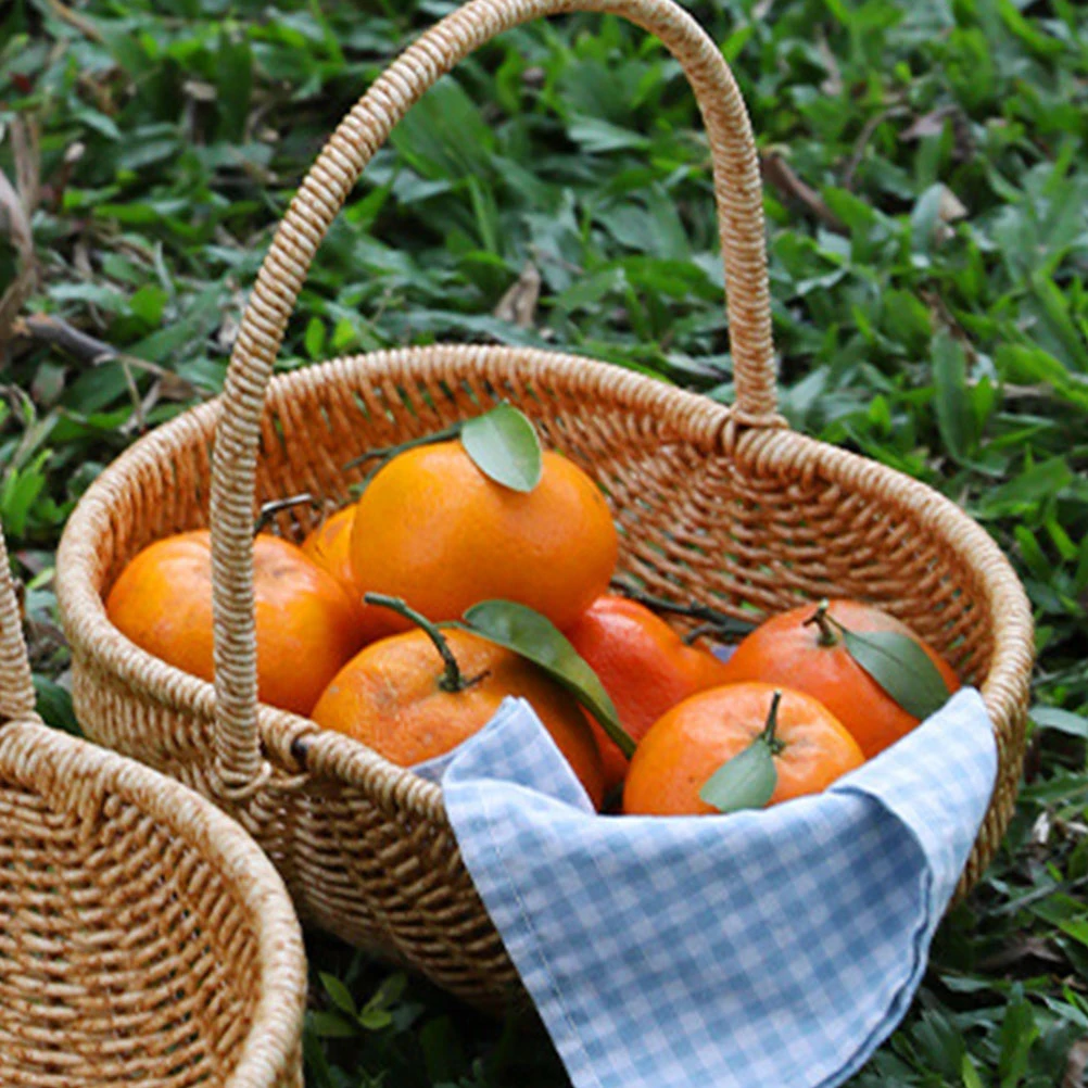 

Picnic Basket Woven Handle Design Plastic Rattan Shopping Storage Kitchen Egg Flower Picking Handheld Gift Rustic Basket Fruit