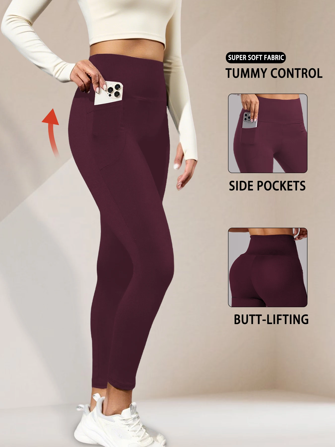 سروال ضيق عالي الخصر فائق النعومة مع جيوب - سروال يوجا نسائي للتحكم في البطن للتمرين والحياة الكاجوال