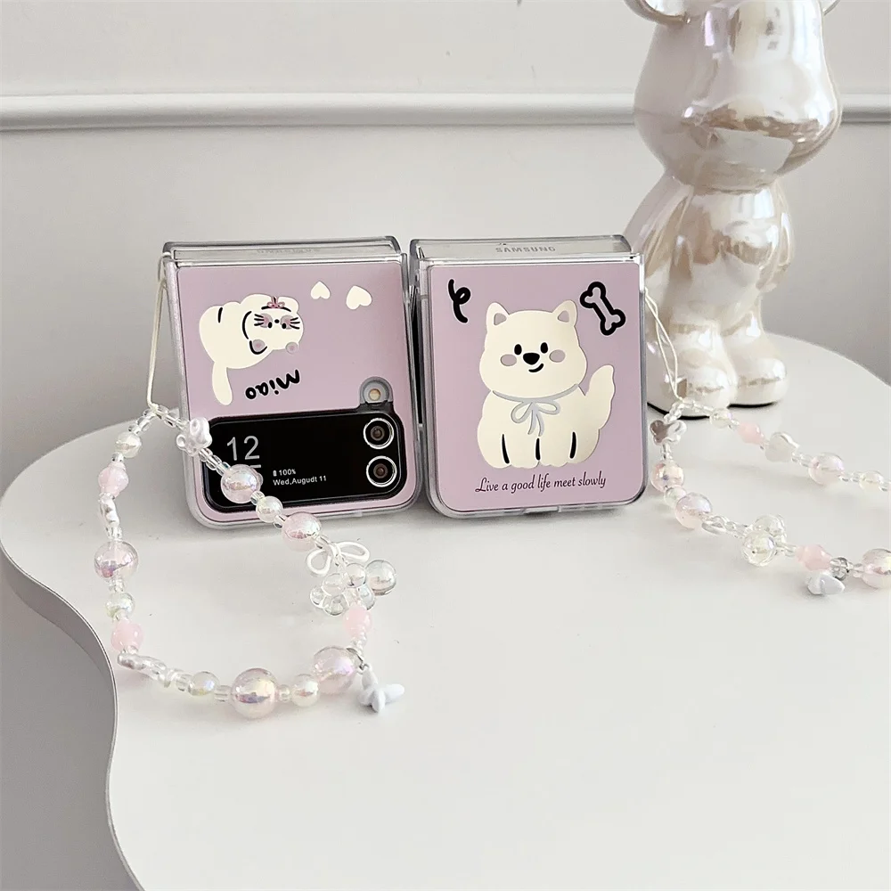 Cute Cartoon Cat Mirror Bracelet Case for Samsung Galaxy Z Flip 6 5 4 3 flip6 Dog Wrist Chain Make Up Shockproof Korean Cover