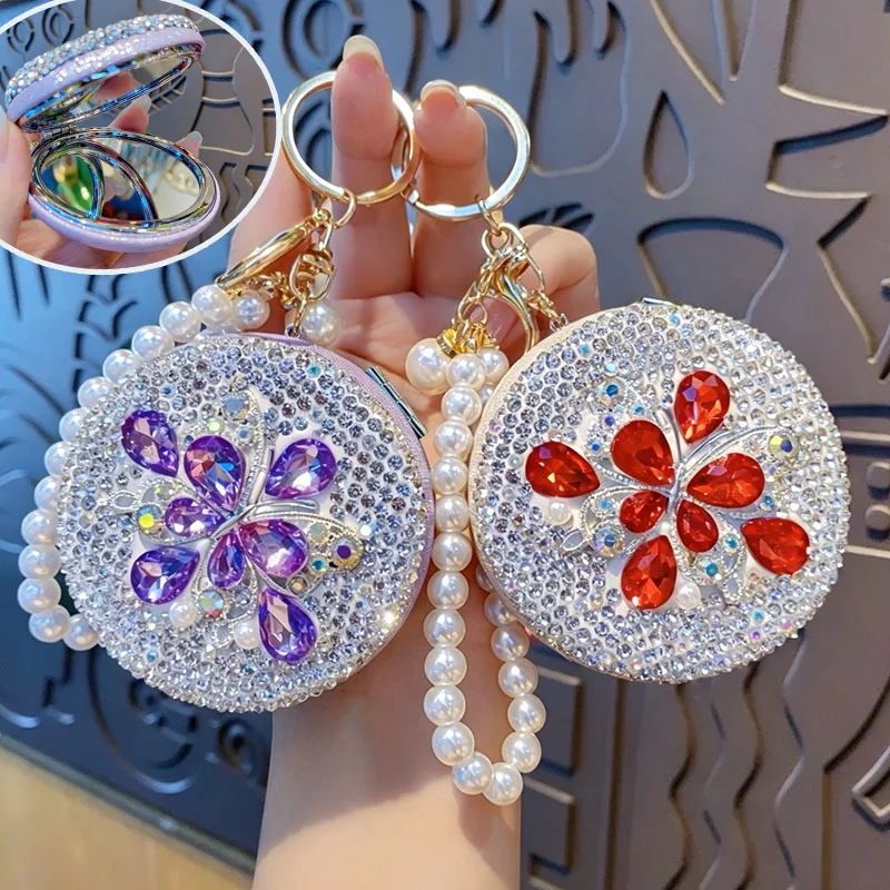 Creative Diamond Inlaid Convenient Circular Beauty Mirror Pendant High-end Home Decoration Mirror Exquisite Gift