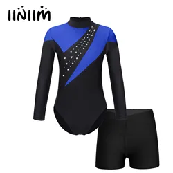 Girls Gymnastic Ballet Leotards Dancewear Long Sleeve Shiny Leotard Tights Jumpsuit with Shorts Figure Skating Dance Costume