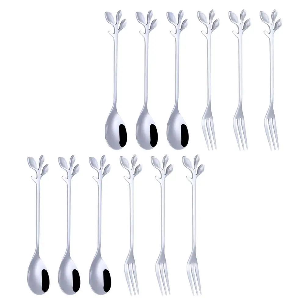 

12 Pcs Leaf Shaped Spoon Fork Set Food Grade Stainless Dessert Spoons Cake Forks Silver Easy Clean Modern