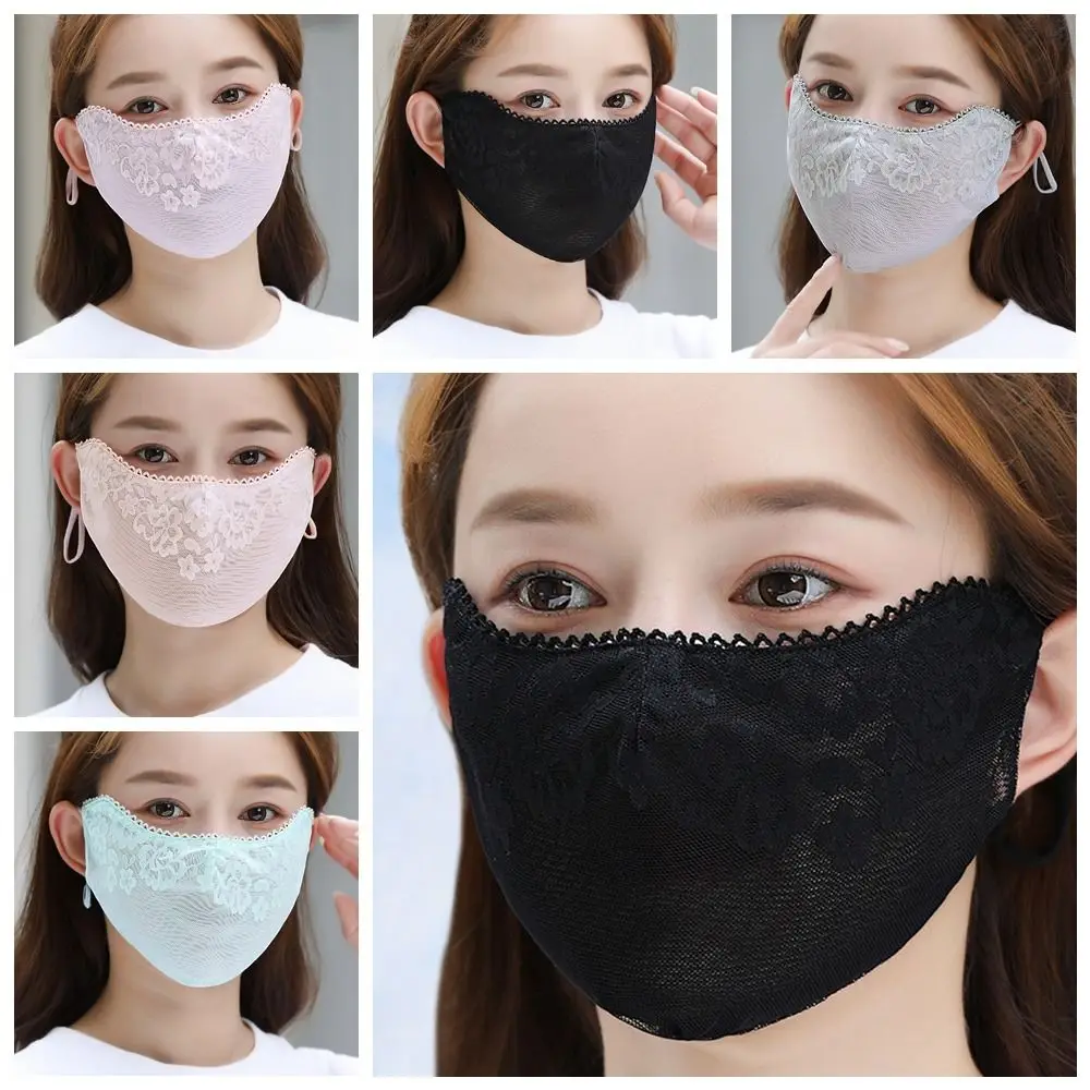 Solid Color Sunscreen Lace Mask Hanging Ear Flower Sunscreen Face Cover Breathable UV Protection UV Protection Mask Cycling