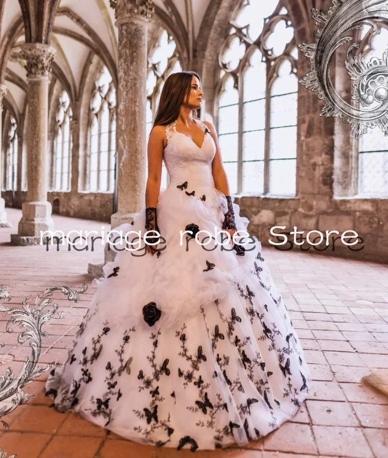 White Black Gothic Wedding Dresses Halter Lace-up Butterfly Floral Brautkleid DarkCouture Bridal Gown Outfit customsized