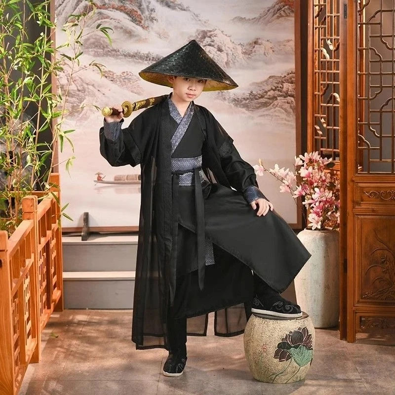2025 chinese traditional hanfu boy retro loose children's costume ancient martial artist costume summer performance costume set
