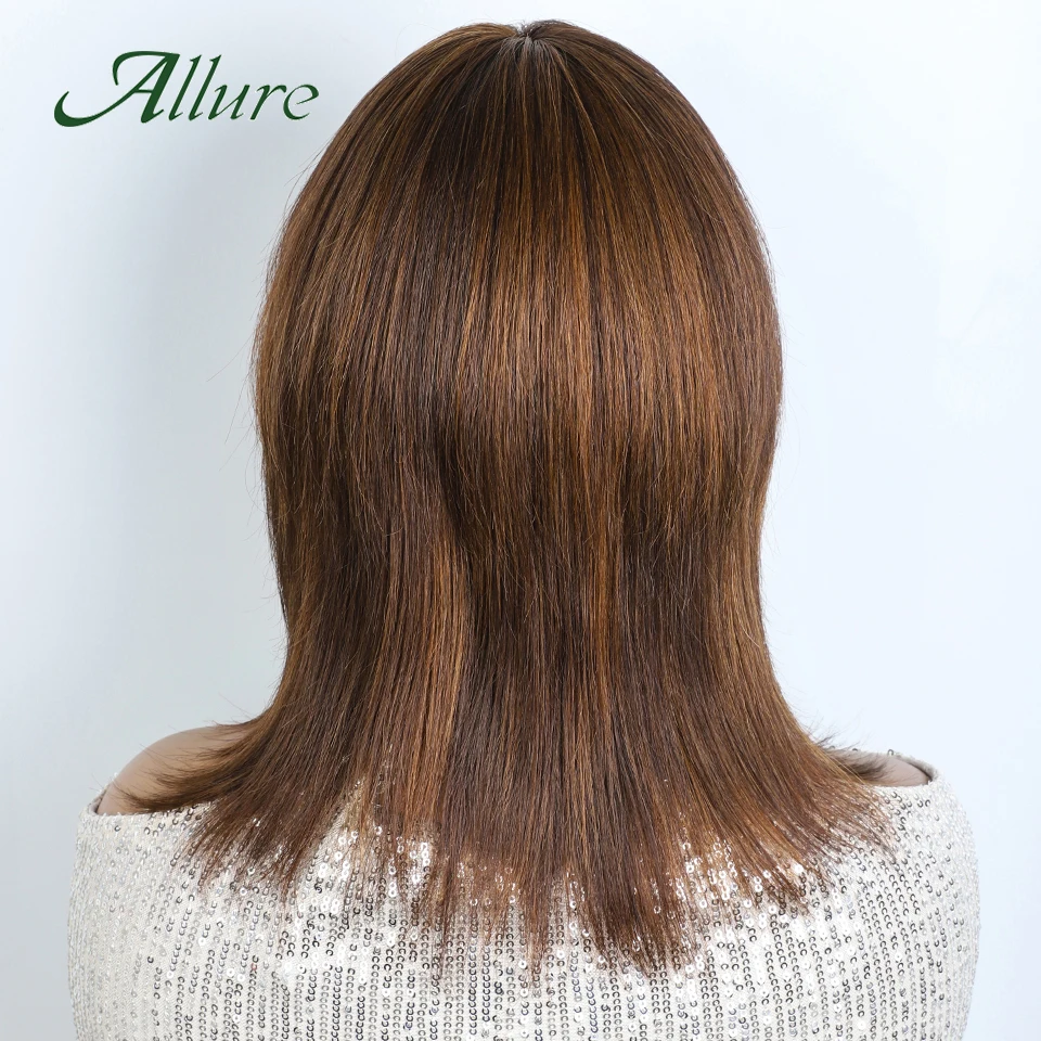 Pelucas de cabello humano liso peruano para mujer, cabello de color marrón con flequillo, 14 pulgadas, nuevo cabello de moda, pelucas BOB, Allure