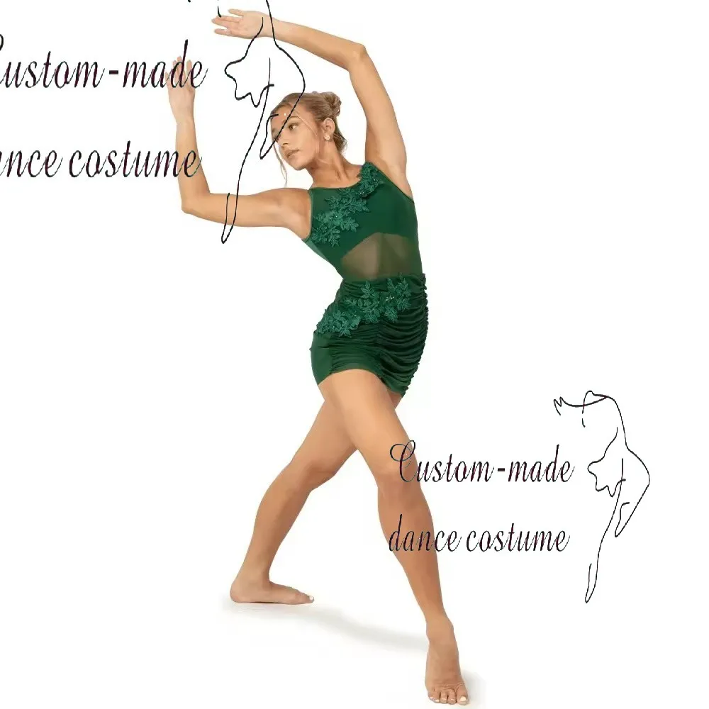 

Forest Green Lace Applique Sheer Mesh Dance Leotard Dress