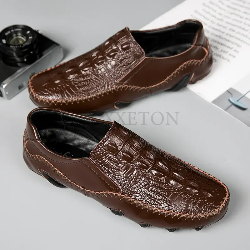 Crocodile Pattern Man Loafers High Quality Genuine Leather Driving Shoes Men\'s Non-Slip Sneakers Casual Walking Shoes