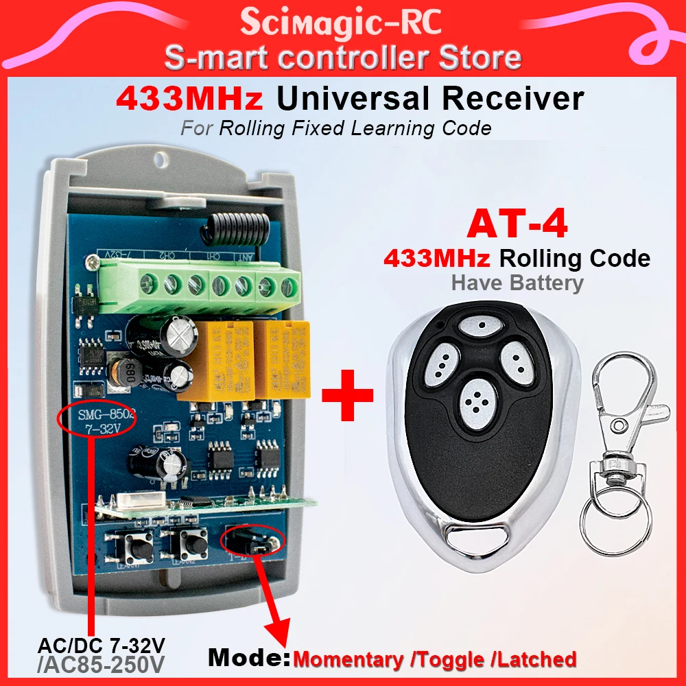 

2CH 433MHz Universal Garage Door Receiver and AT-4 Rolling Code Gate Remote Control AC DC 7-32V 220V RF Relay Switch