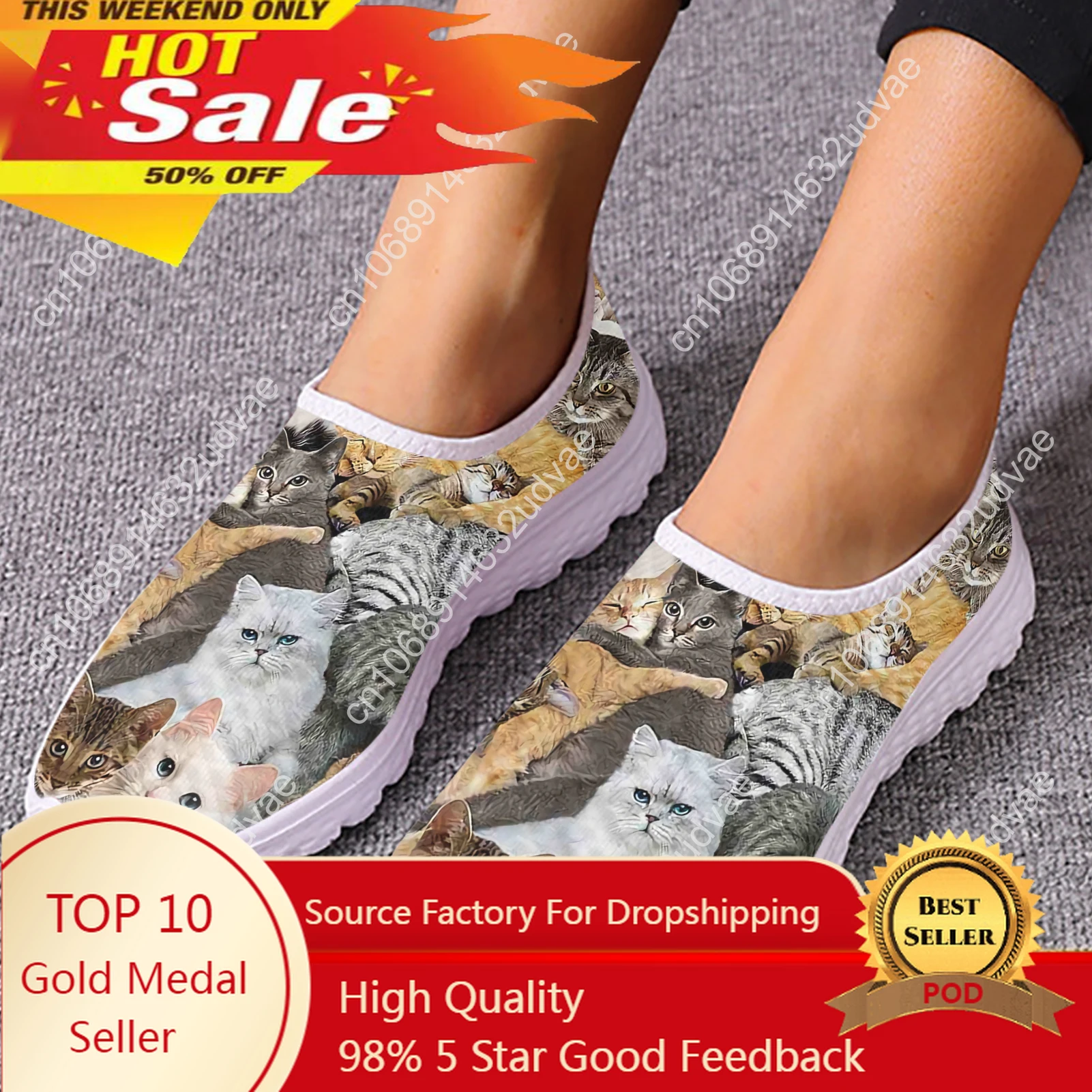 

Cute 3D Cat Printing Female Mesh Sneakers Breathable Slip-on Loafers Lightweight Women Flat Shoes Casual Footwear