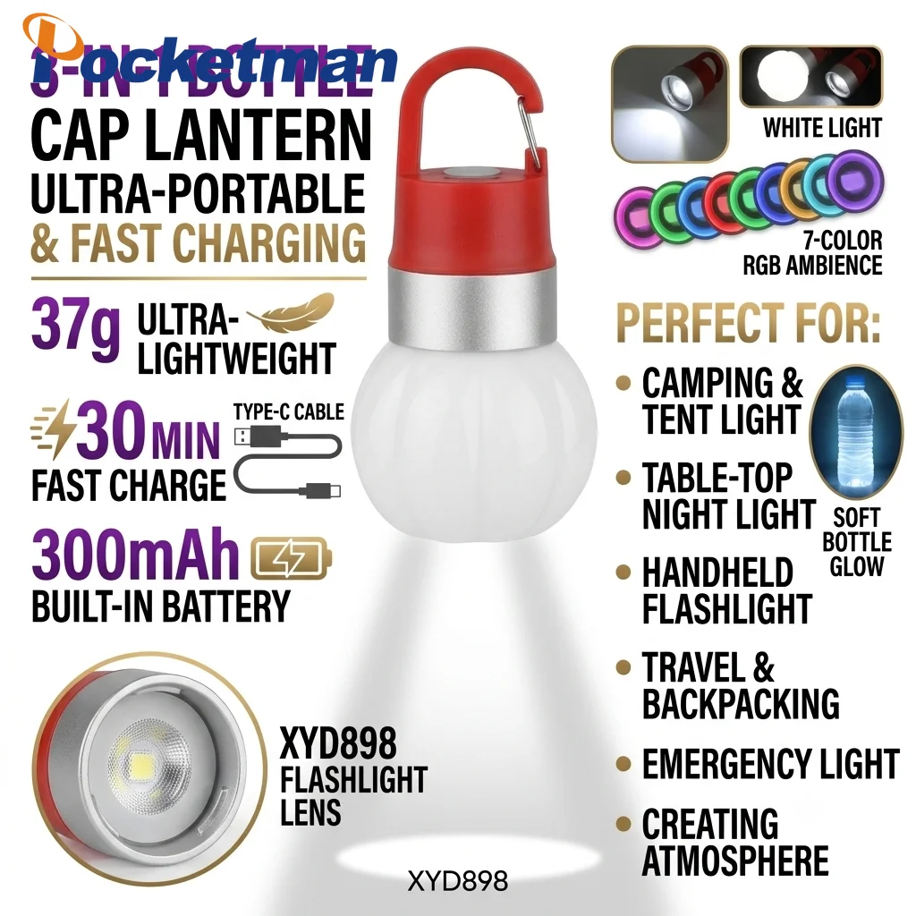 3-in-1 Bottle Cap Lantern, Water Bottle Light & Torch, 7 RGB & 3 White Modes, 37g USB-C Fast Charge 30Min IPX4 for Hiking Tent
