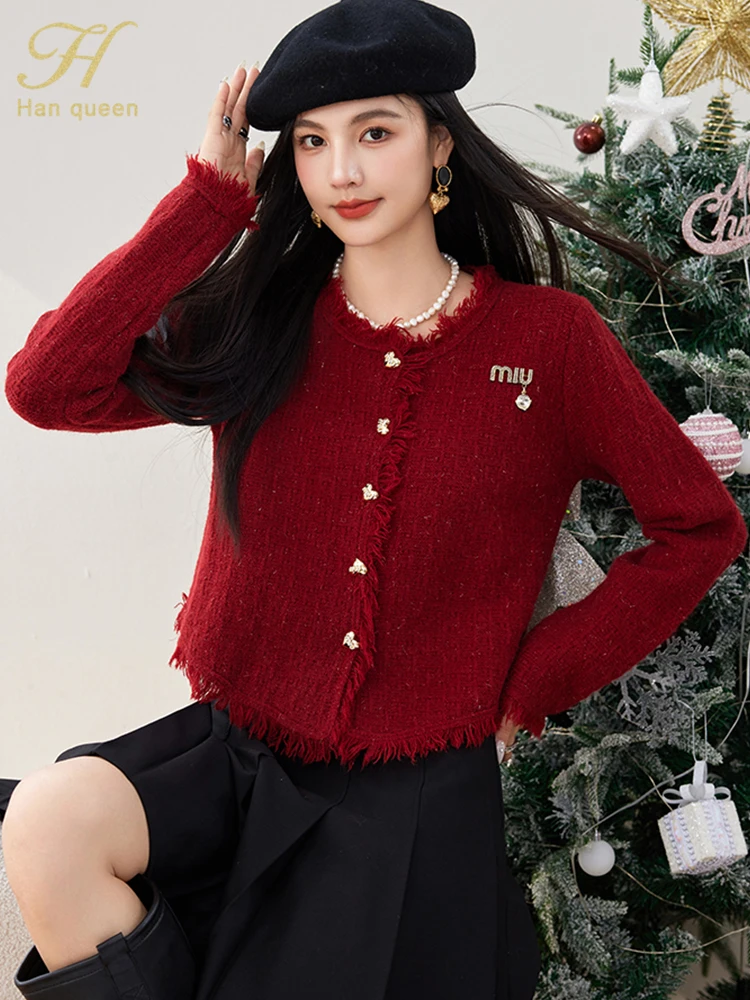 H Han Queen Autumn Winter Tassel Christmas Sweater Women Casual Basic Long Sleeve Knitwear Vintage Cardigans Top Female Clothing