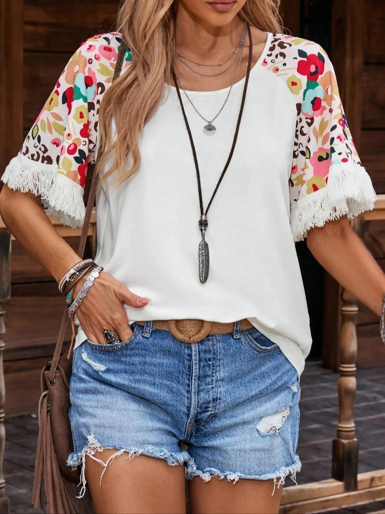 تي شيرت نسائي بطبعة زهور، تي شيرت كاجوال بأكمام قصيرة ورقبة على شكل حرف V للصيف، ملابس للسيدات للارتداء اليومي #3