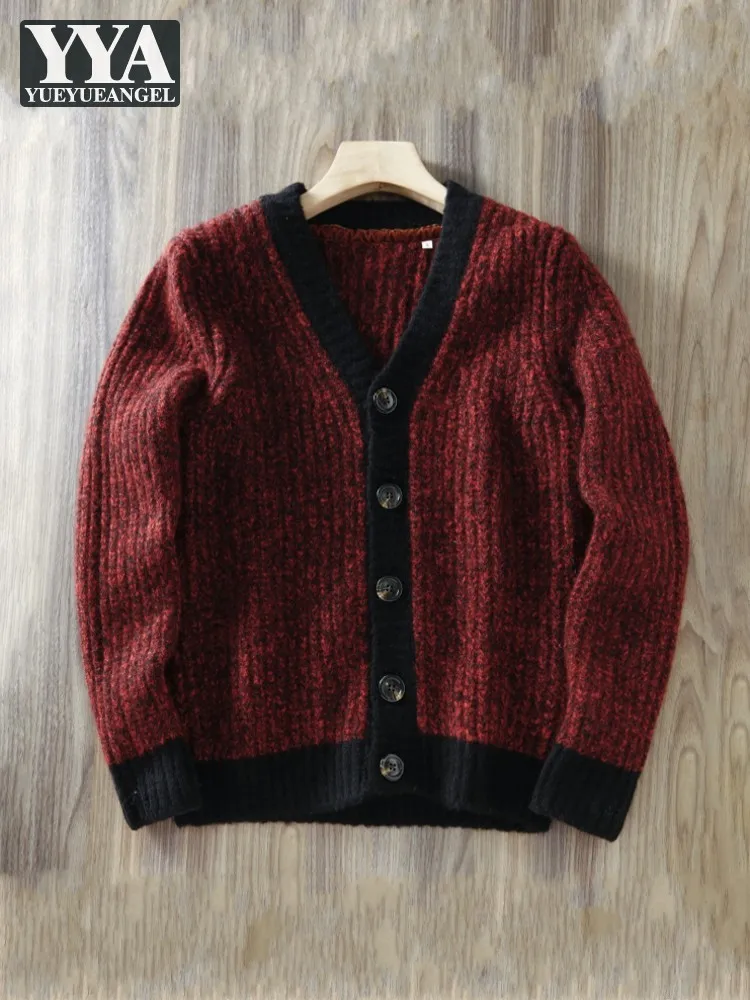Men Warm Single Breasted Knitted Cardigan Short Jacket V-Neck Colors Panelled Casual Sweater Spring Autumn Long Sleeve Knitwear