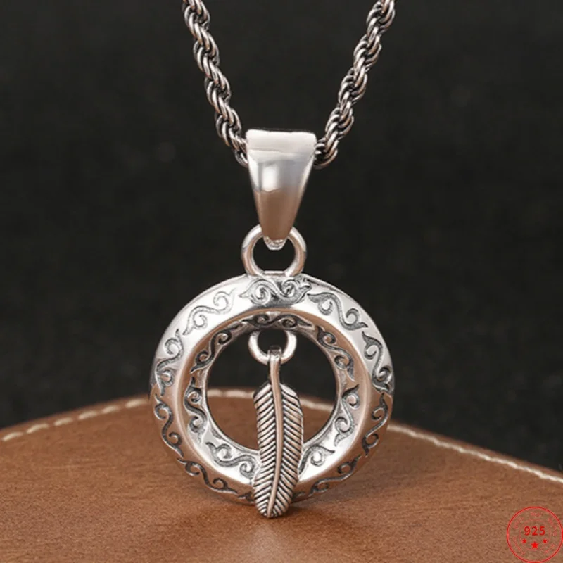 S925 Sterling Silver Charms Pendants for Women Men New Fashion Circular-ring Eternal Rattan Pattern Feather Wholesale